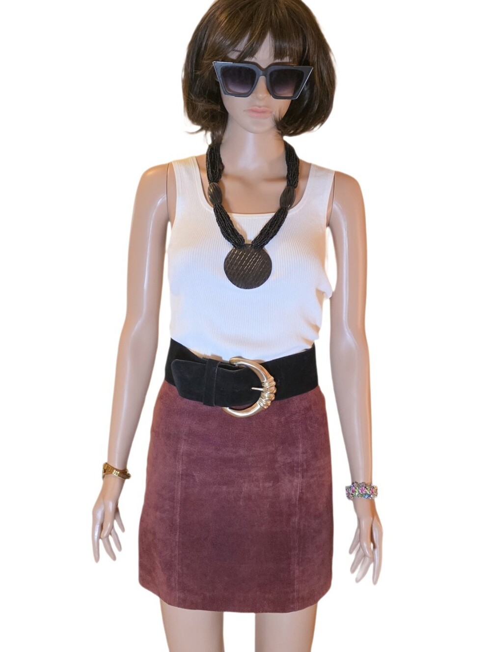 Vtg Kandell Marcus Black Suede Wide Waist Belt Gold Crescent Buckle 1980s USA
